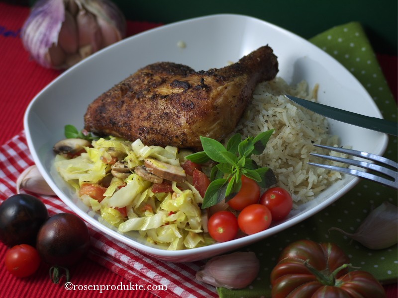 Hühnerschenkel mit Spitzkohlgemüse rosen essen