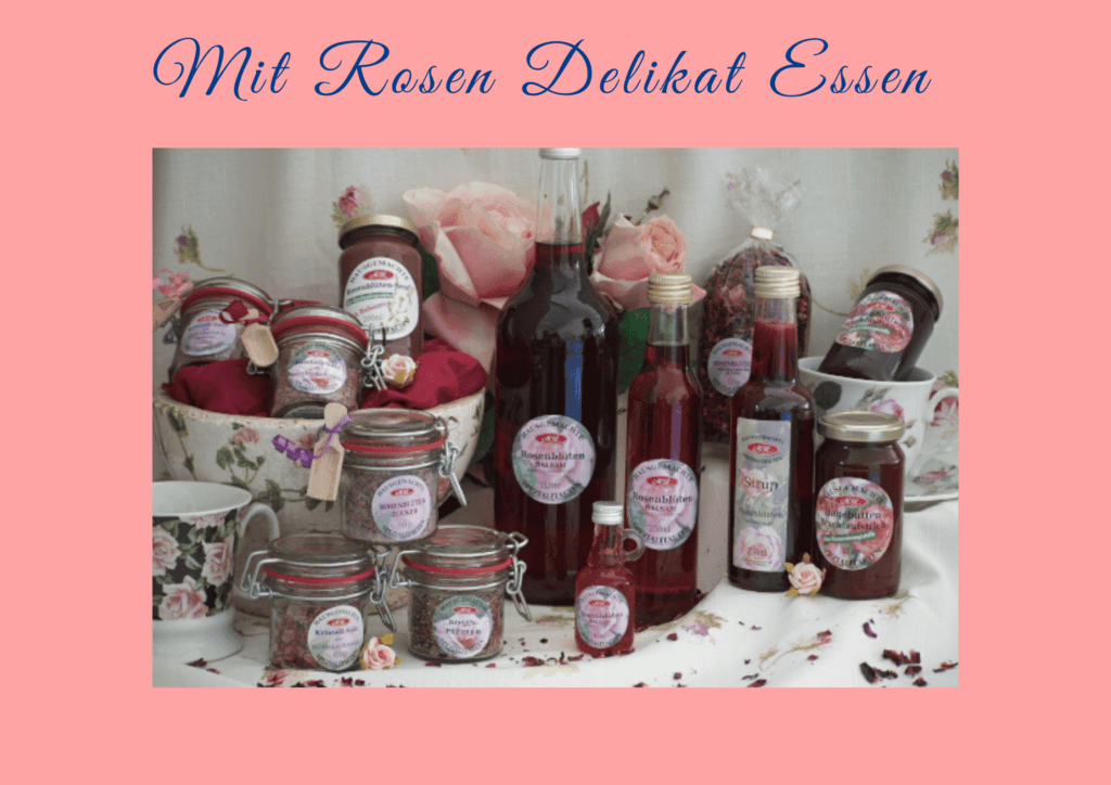 Rosendelikatessen, alles Produkte aus duftenden Rosen hergestellt. Rosen-Essig, Rosen-Sirup, Rosen-Marmelade, Rosen-Salz, Rosen-Pfeffer, Rosen-Zucker